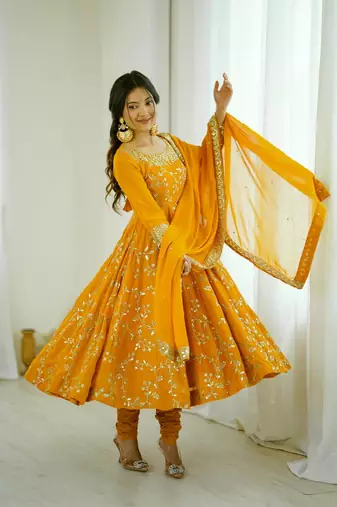yellow art silk anarkali suit with embroidery work