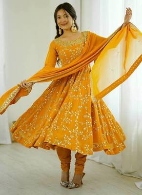 yellow art silk anarkali suit with embroidery work 3