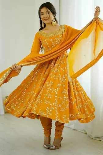 yellow art silk anarkali suit with embroidery work