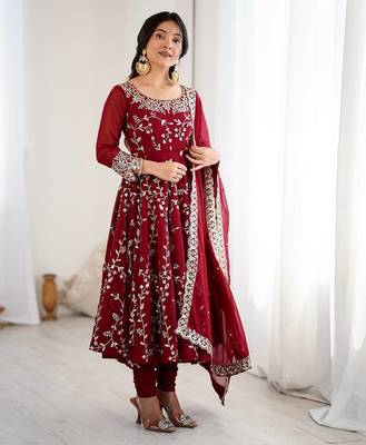 maroon faux georgette anarkali suit with embroidery work 4