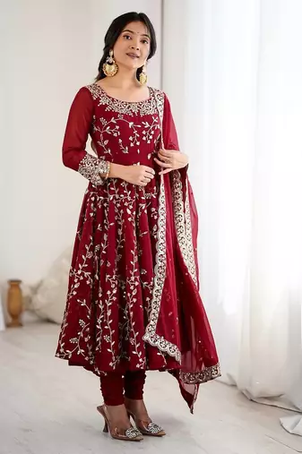 maroon faux georgette anarkali suit with embroidery work