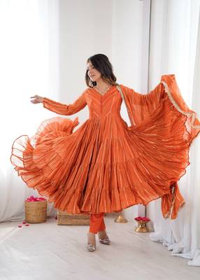 orange art silk anarkali suit with embroidery work 1