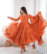 orange art silk anarkali suit with embroidery work