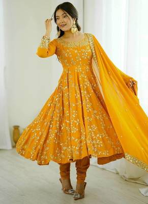 yellow art silk anarkali suit with embroidery work 4