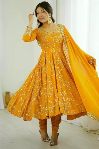 yellow art silk anarkali suit with embroidery work