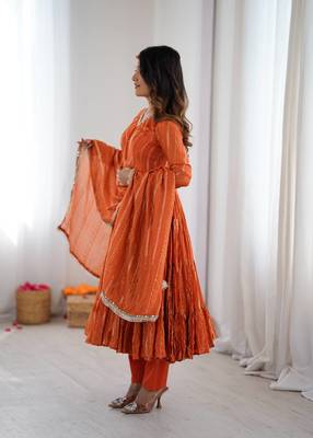 orange art silk anarkali suit with embroidery work 2