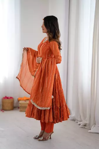 orange art silk anarkali suit with embroidery work