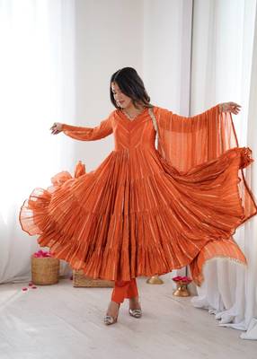 orange art silk anarkali suit with embroidery work 3