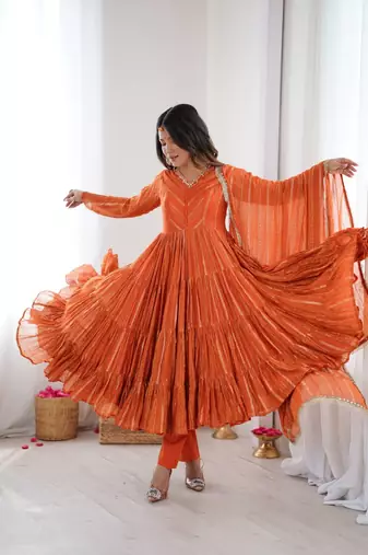 orange art silk anarkali suit with embroidery work