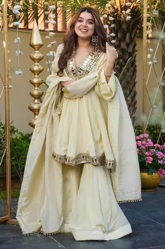 Cosmos gold jari  silk real mirror work lace border women抯 ethnic wear full flair sharara plazzo set