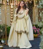 off white art silk sharara suit with jari work