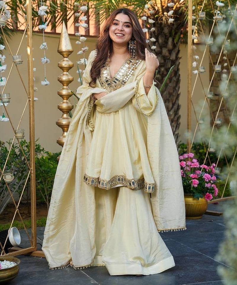Cosmos gold jari  silk real mirror work lace border women抯 ethnic wear full flair sharara plazzo set
