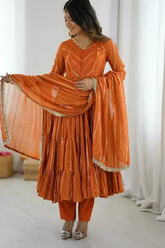 orange art silk anarkali suit with embroidery work