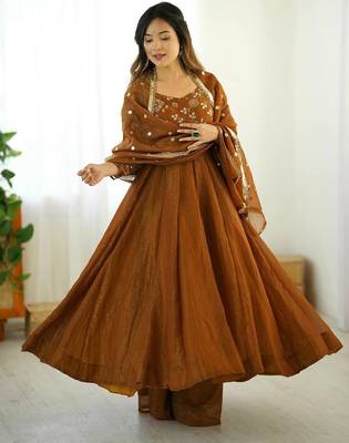 mustard crunchy silk anarkali suit with embroidery work 1