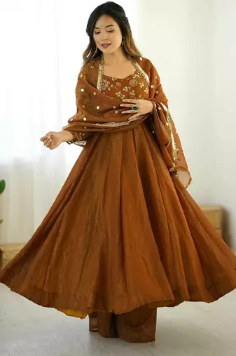 mustard crunchy silk anarkali suit with embroidery work