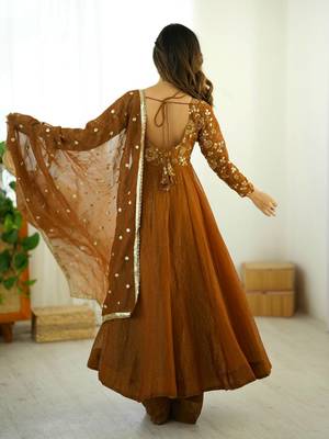 mustard crunchy silk anarkali suit with embroidery work 2