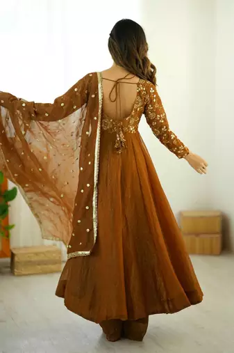 mustard crunchy silk anarkali suit with embroidery work