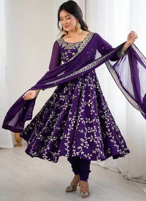 purple faux georgette anarkali suit with embroidery work 1