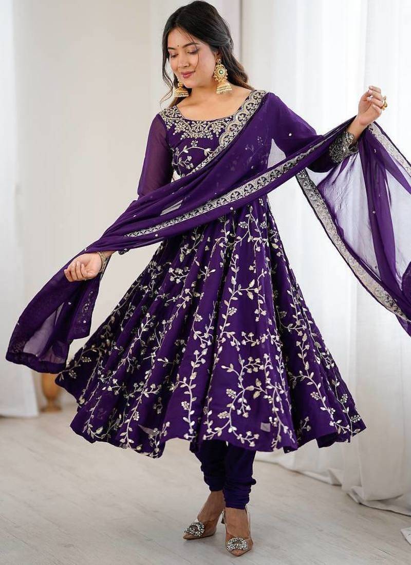 Heavy faux georgette with embroidery sequence work with fully flair gown ,pant with dupatta set