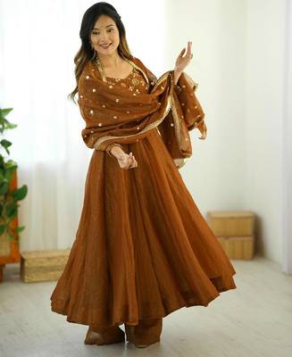 mustard crunchy silk anarkali suit with embroidery work 3