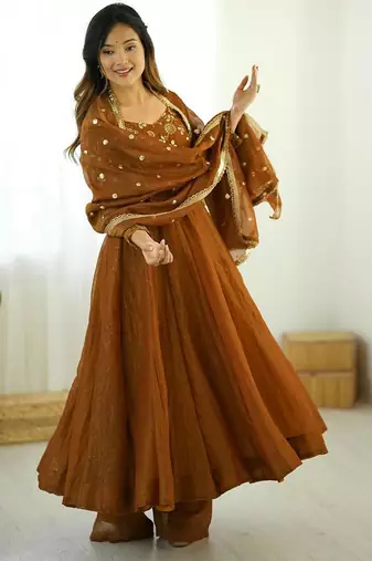 mustard crunchy silk anarkali suit with embroidery work