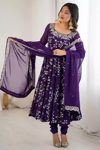 purple faux georgette anarkali suit with embroidery work