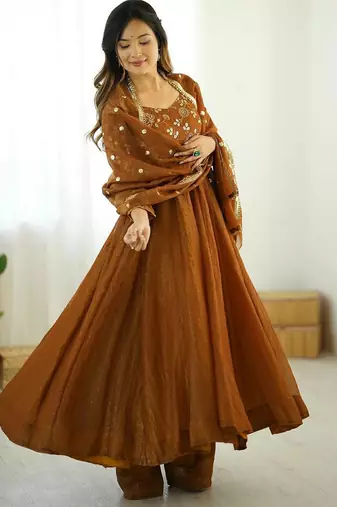 mustard crunchy silk anarkali suit with embroidery work
