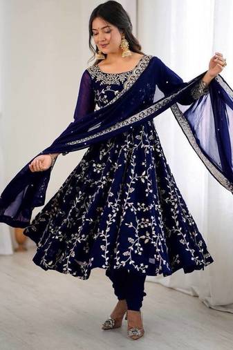 Heavy faux georgette with embroidery sequence work with fully flair gown ,pant with dupatta set