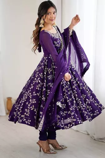 purple faux georgette anarkali suit with embroidery work