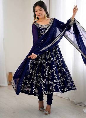 blue faux georgette anarkali suit with embroidery work 2