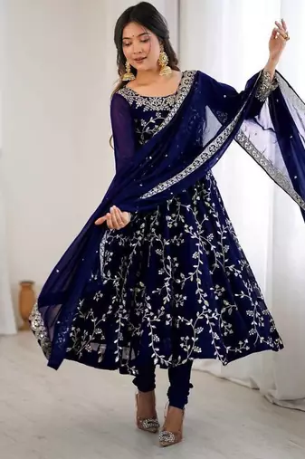 blue faux georgette anarkali suit with embroidery work