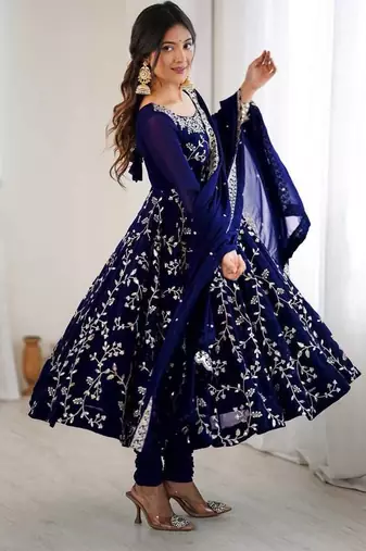 blue faux georgette anarkali suit with embroidery work