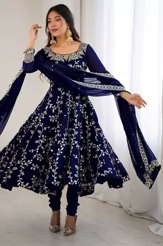 blue faux georgette anarkali suit with embroidery work