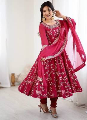 pink faux georgette anarkali suit with embroidery work 2