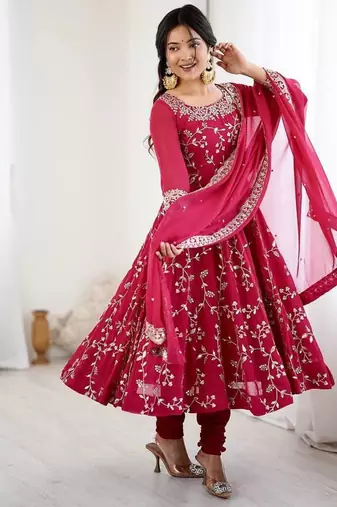 pink faux georgette anarkali suit with embroidery work