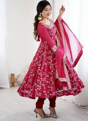 pink faux georgette anarkali suit with embroidery work 4