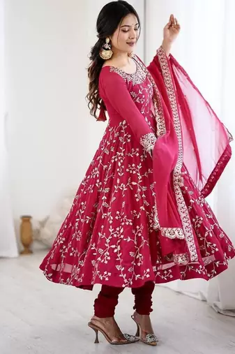 pink faux georgette anarkali suit with embroidery work