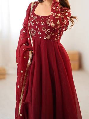 maroon crunchy silk anarkali suit with embroidery work 2