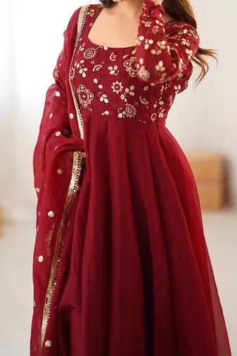 maroon crunchy silk anarkali suit with embroidery work