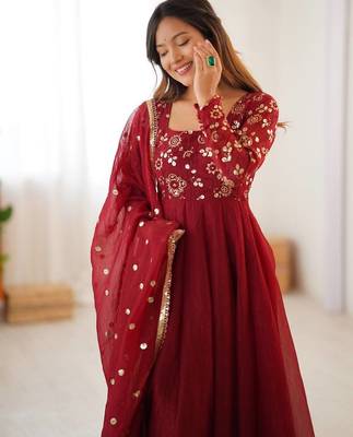 maroon crunchy silk anarkali suit with embroidery work 1