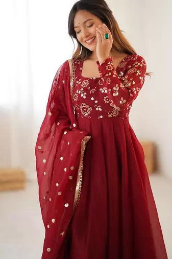 maroon crunchy silk anarkali suit with embroidery work
