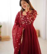 maroon crunchy silk anarkali suit with embroidery work
