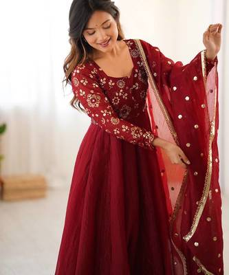 maroon crunchy silk anarkali suit with embroidery work 3
