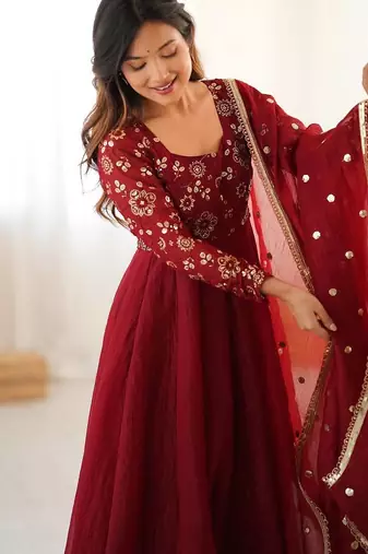 maroon crunchy silk anarkali suit with embroidery work