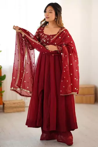 maroon crunchy silk anarkali suit with embroidery work
