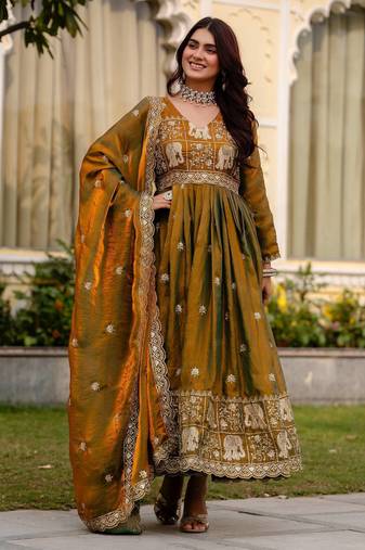 Mehendi Fendy Satin Wedding wear Desiner Gown