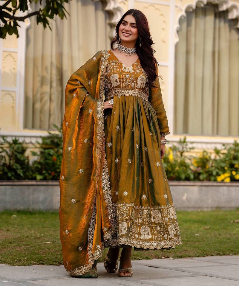 Mehendi Fendy Satin Wedding wear Desiner Gown