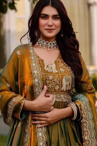 mehendi fendy satin salwar kameez with embroidery