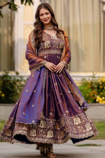Wine Fendy Satin Wedding wear Desiner Embroidery Work Gown