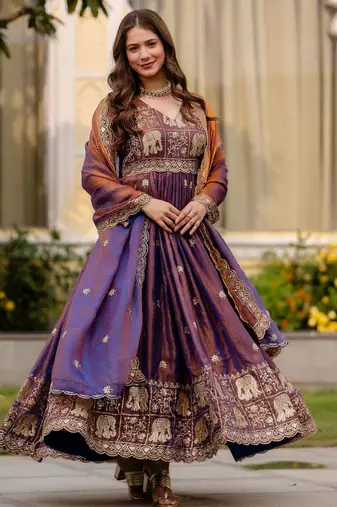 wine fendy satin salwar kameez with embroidery